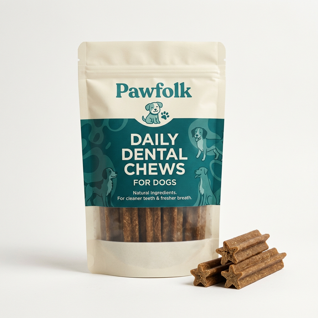 Pawfolk Daily Dental Chews product and packaging on a white studio background