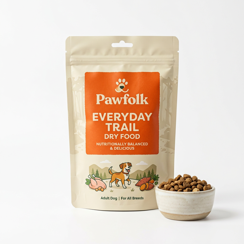 Pawfolk Everyday Trail Dry Food product and packaging on a white studio background