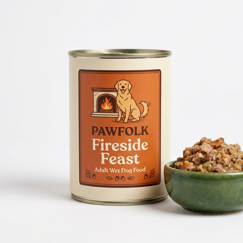 Pawfolk Fireside Feast adult wet dog food can with orange label and bowl on white