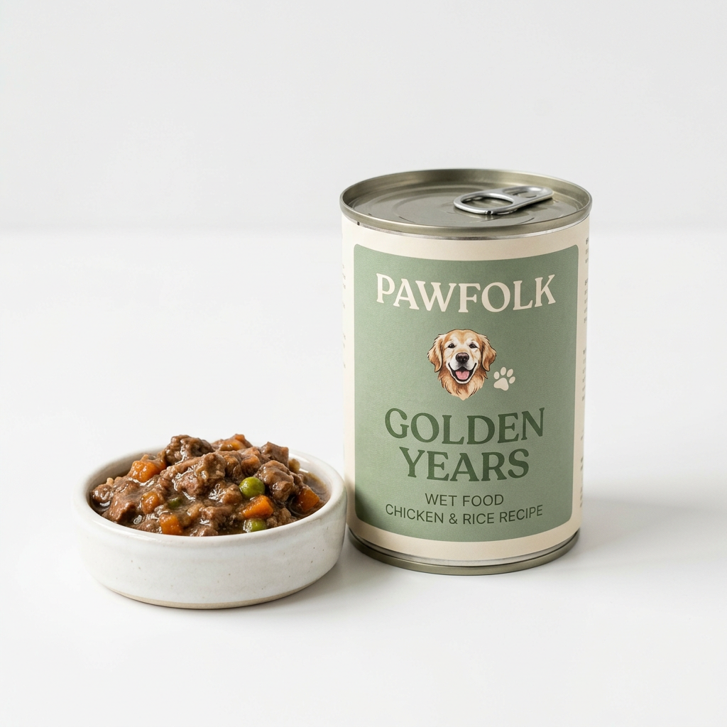 Pawfolk Golden Years Wet Food product and packaging on a white studio background