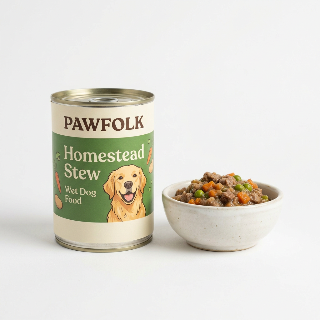 Pawfolk Homestead Stew wet dog food can with green label and bowl of food on white