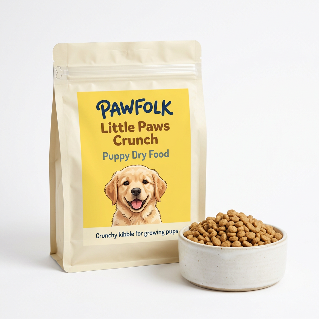 Pawfolk Little Paws Crunch puppy dry food bag with yellow label and kibble on white
