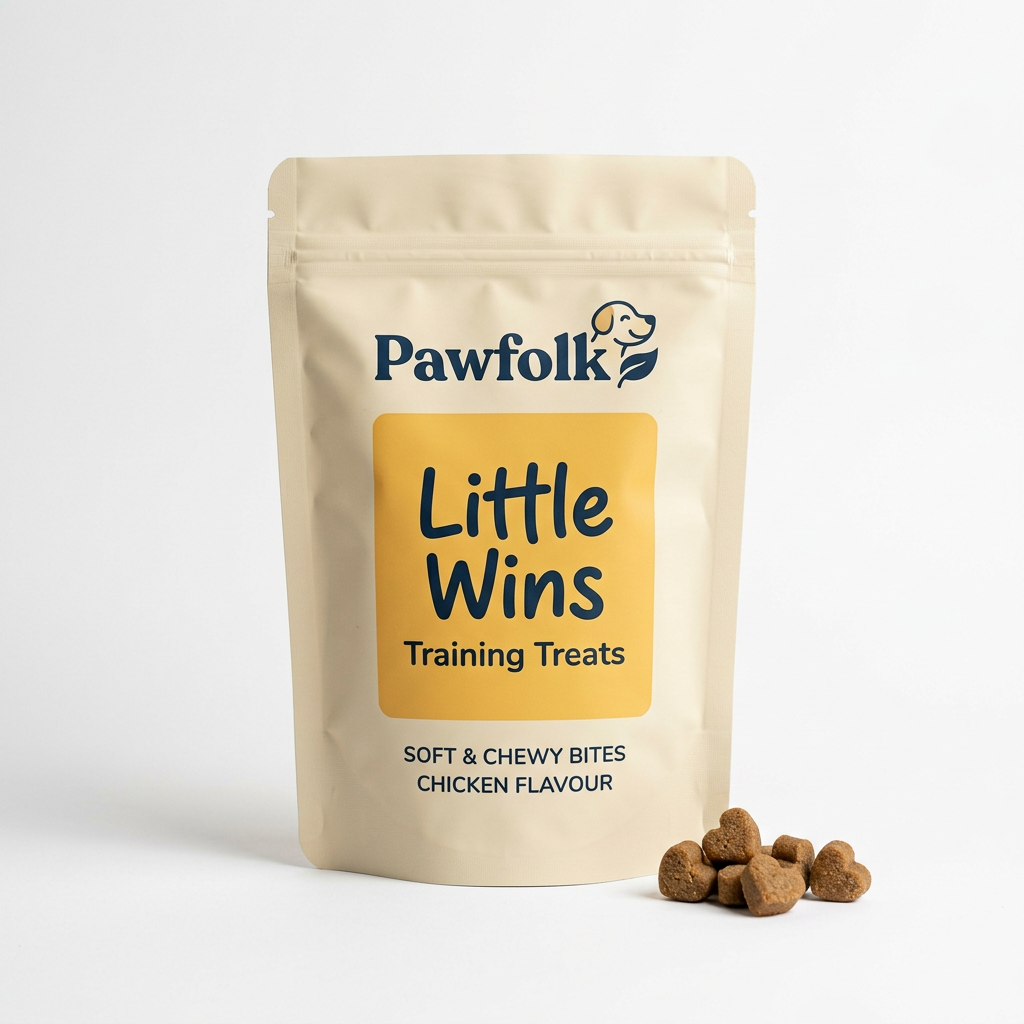 Pawfolk Little Wins Training Treats product and packaging on a white studio background