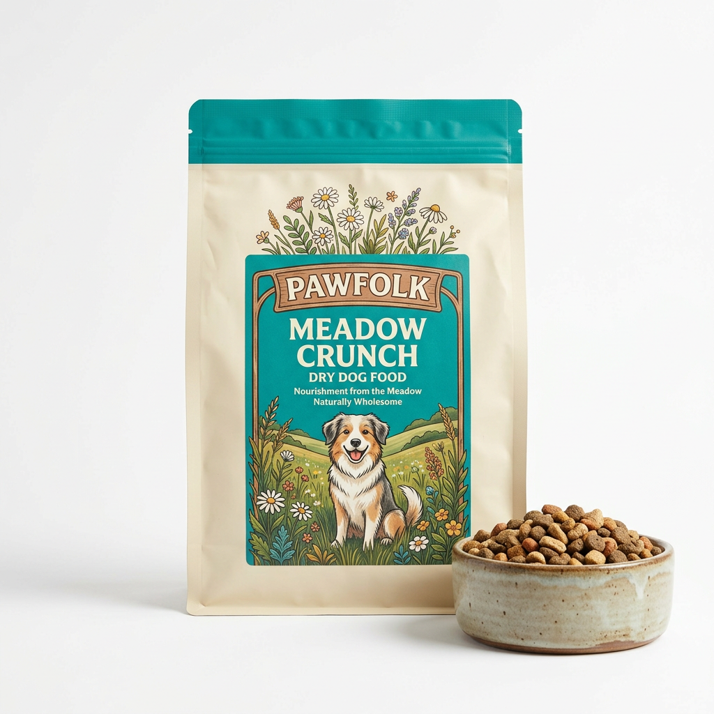 Pawfolk Meadow Crunch dry dog food bag and a bowl of kibble on white