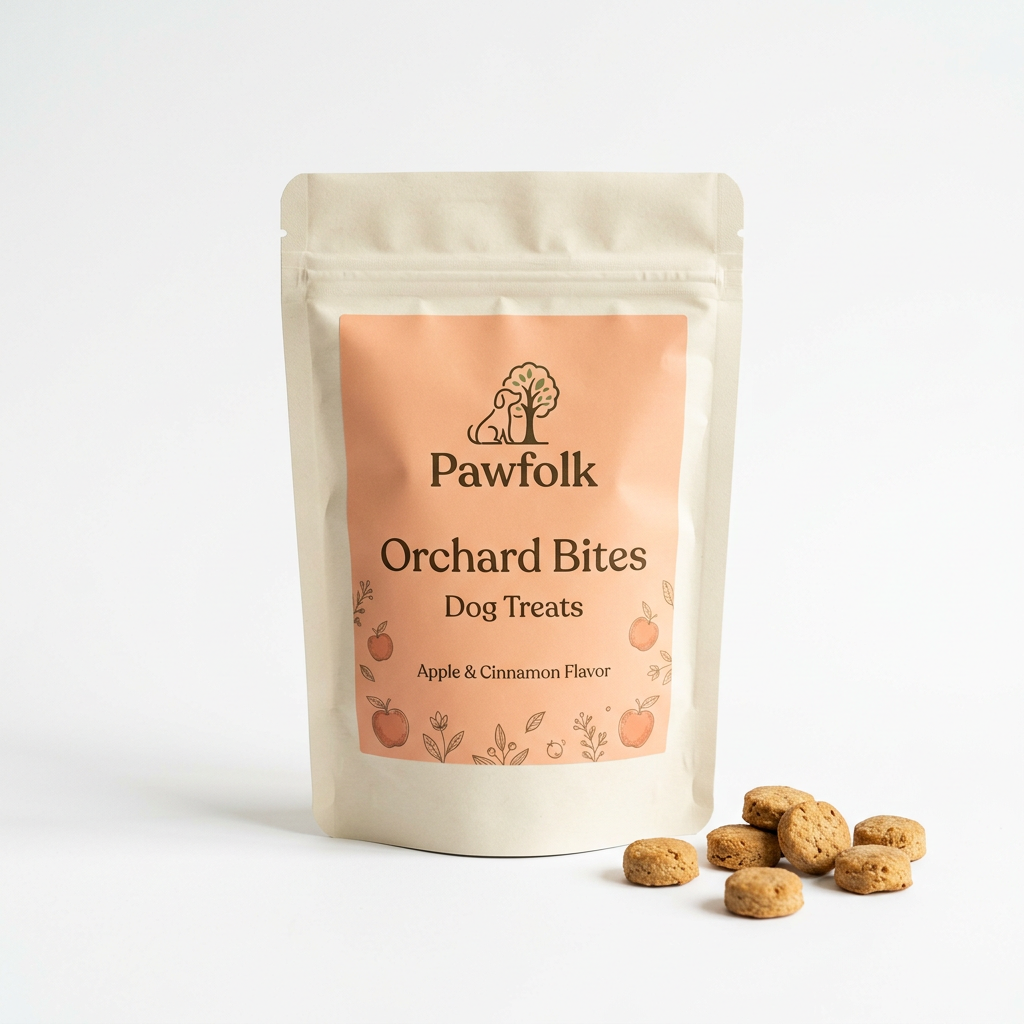 Pawfolk Orchard Bites Dog Treats product and packaging on a white studio background
