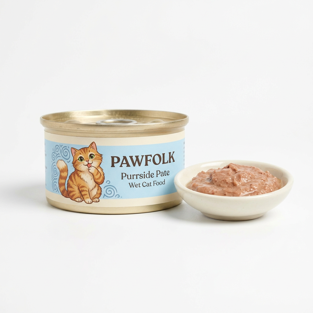 Pawfolk Purrside Pate wet cat food can with pale blue label and dish of food on white