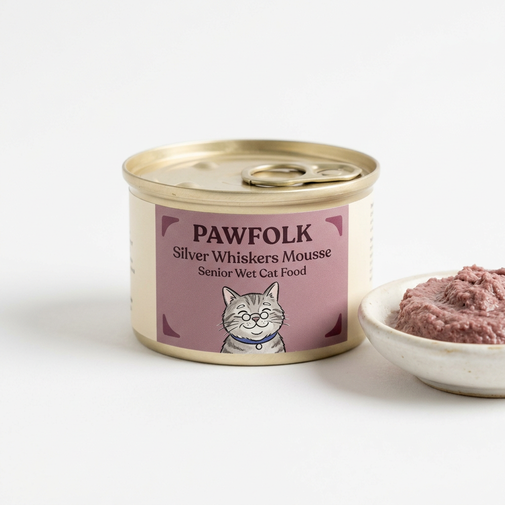 Pawfolk Silver Whiskers Mousse senior wet cat food can with plum label and dish on white
