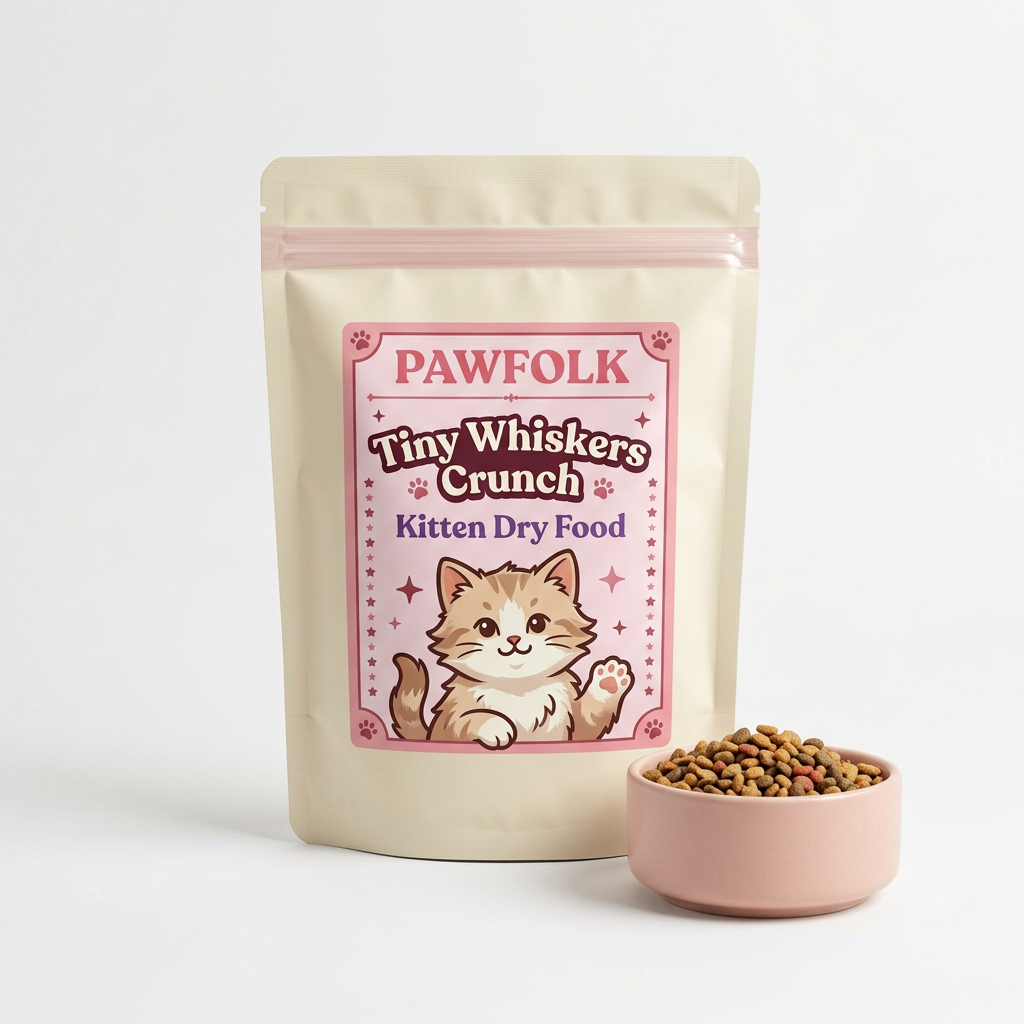Pawfolk Tiny Whiskers Crunch kitten dry food pouch with pink label and kibble on white