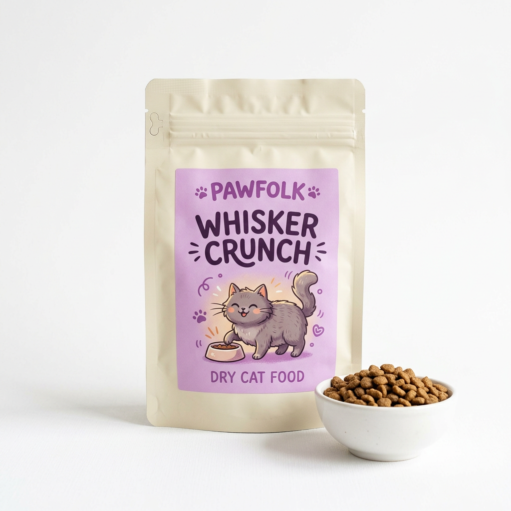 Pawfolk Whisker Crunch dry cat food pouch with lavender label and bowl of kibble on white