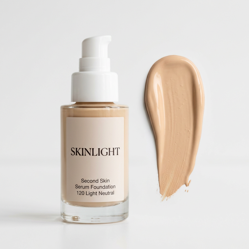 Skinlight Second Skin Serum Foundation bottle and matching swatch in 120 Light Neutral on white