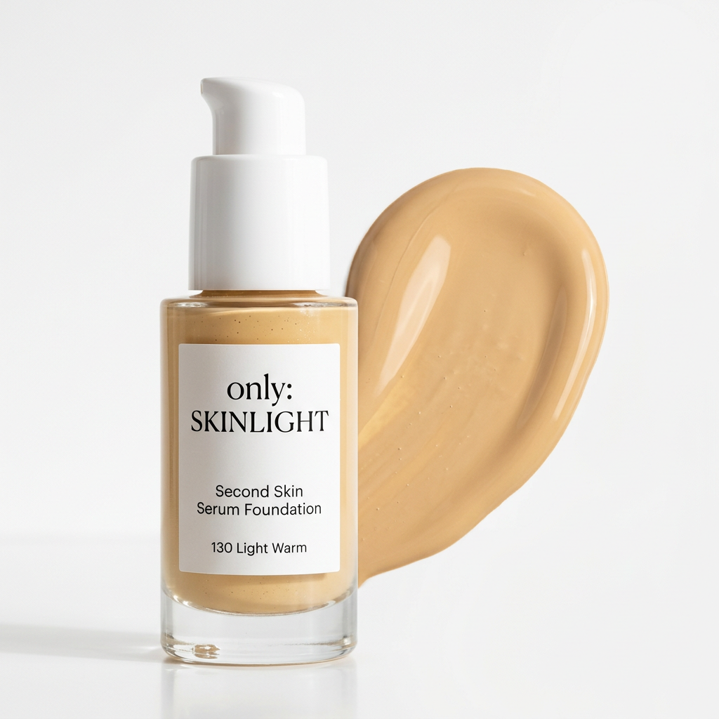 Skinlight Second Skin Serum Foundation bottle and matching swatch in 130 Light Warm on white