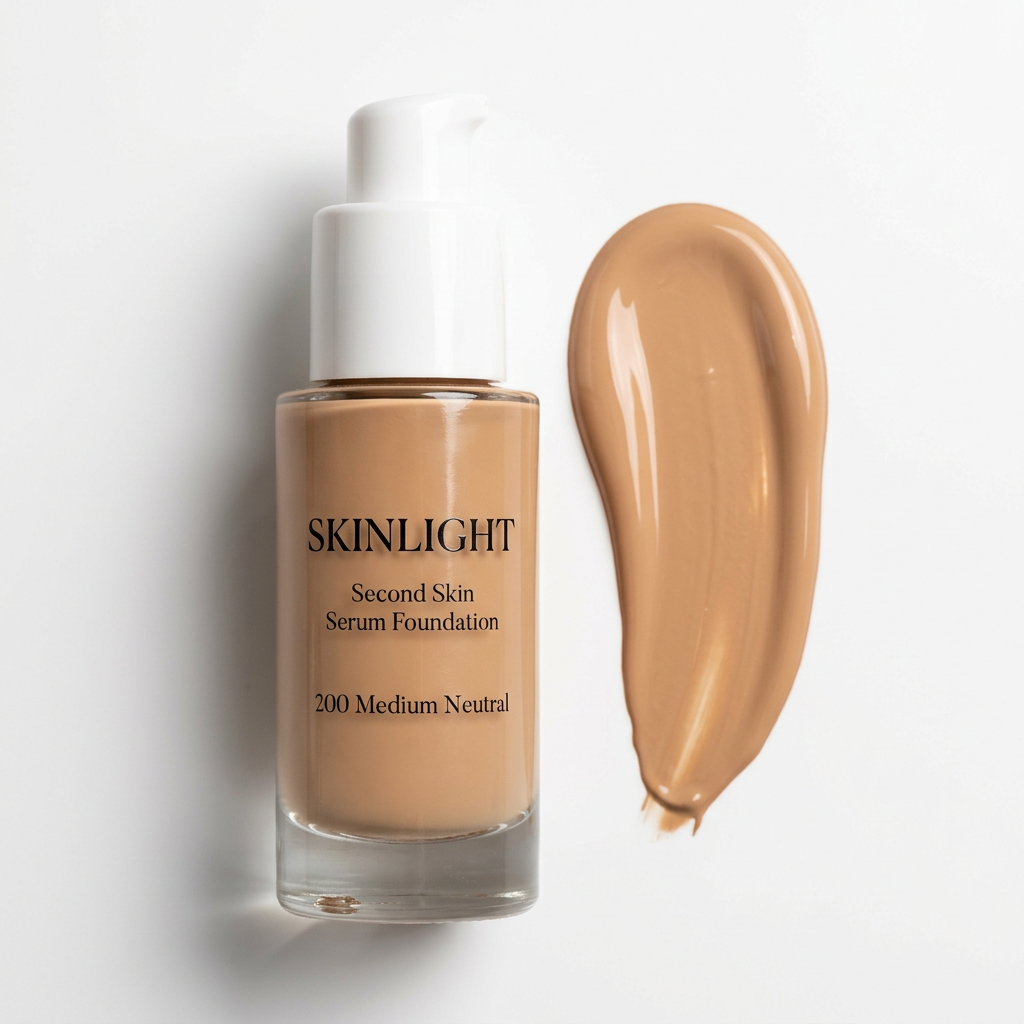 Skinlight Second Skin Serum Foundation bottle and matching swatch in 200 Medium Neutral on white