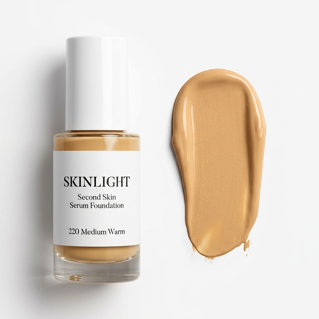 Skinlight Second Skin Serum Foundation bottle and matching swatch in 220 Medium Warm on white
