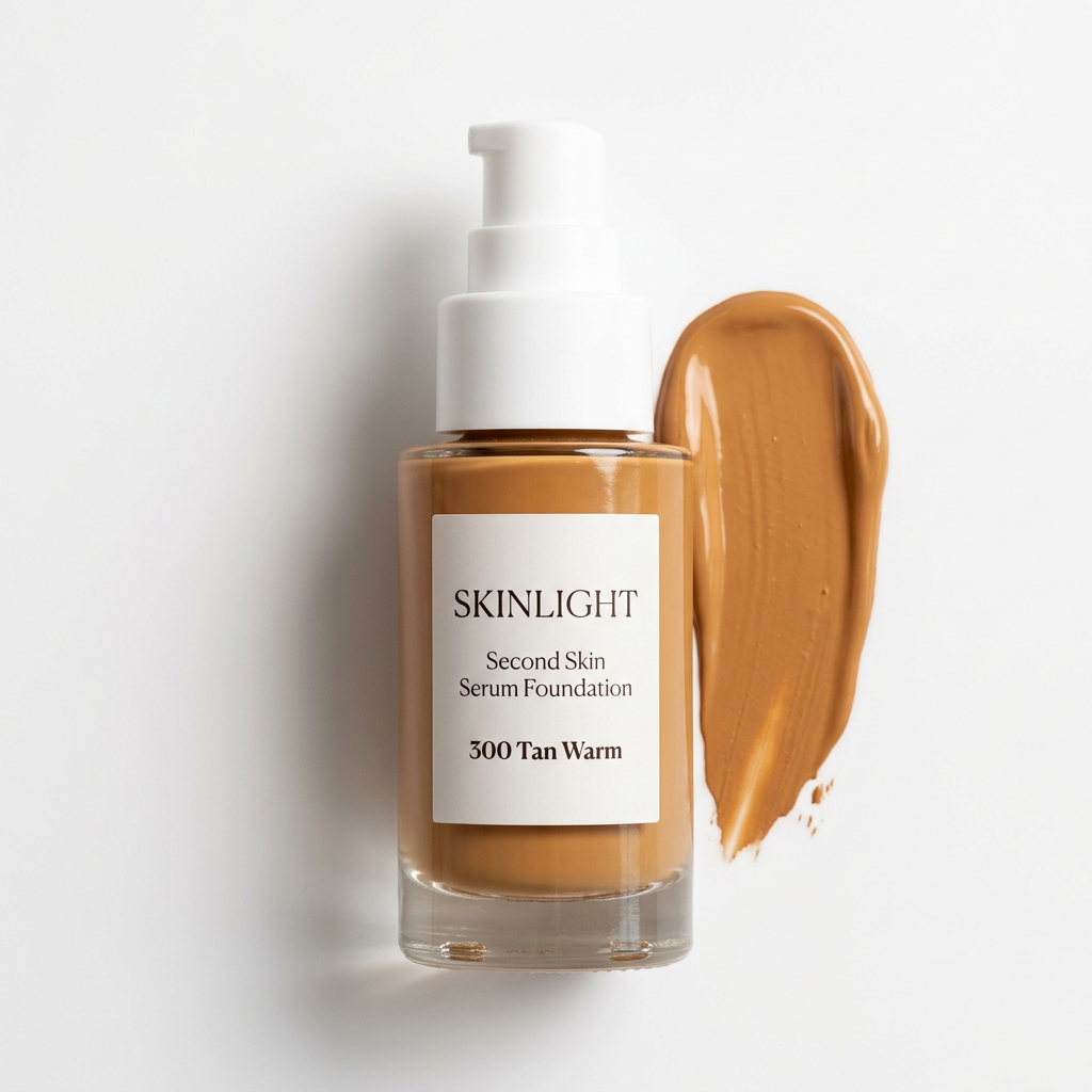 Skinlight Second Skin Serum Foundation bottle and matching swatch in 300 Tan Warm on white
