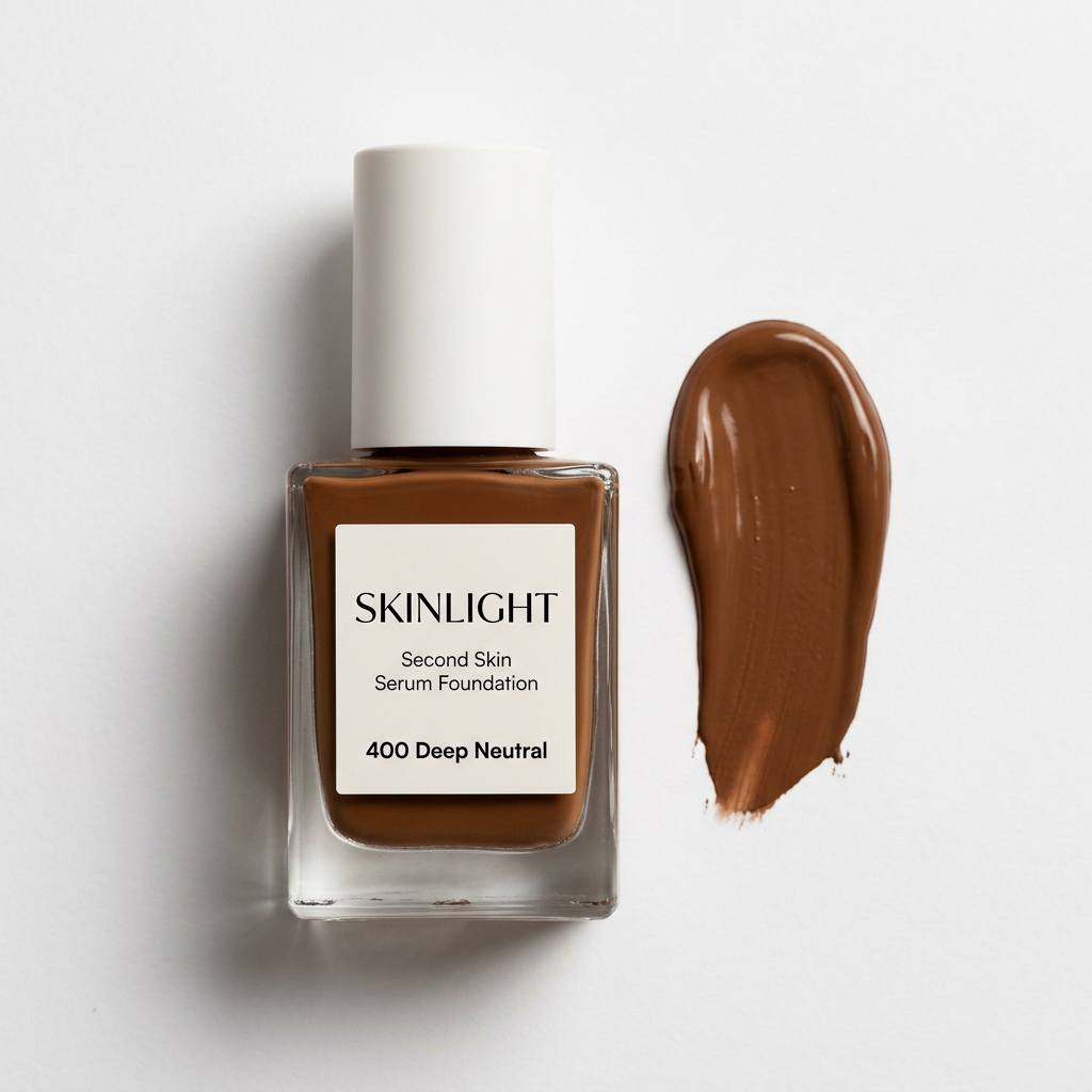Skinlight Second Skin Serum Foundation bottle and matching swatch in 400 Deep Neutral on white