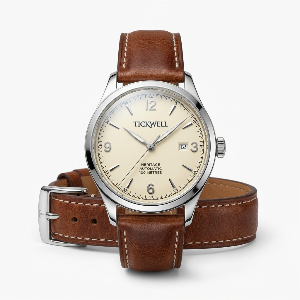 Tickwell Heritage watch in Brown with a leather strap on a white background