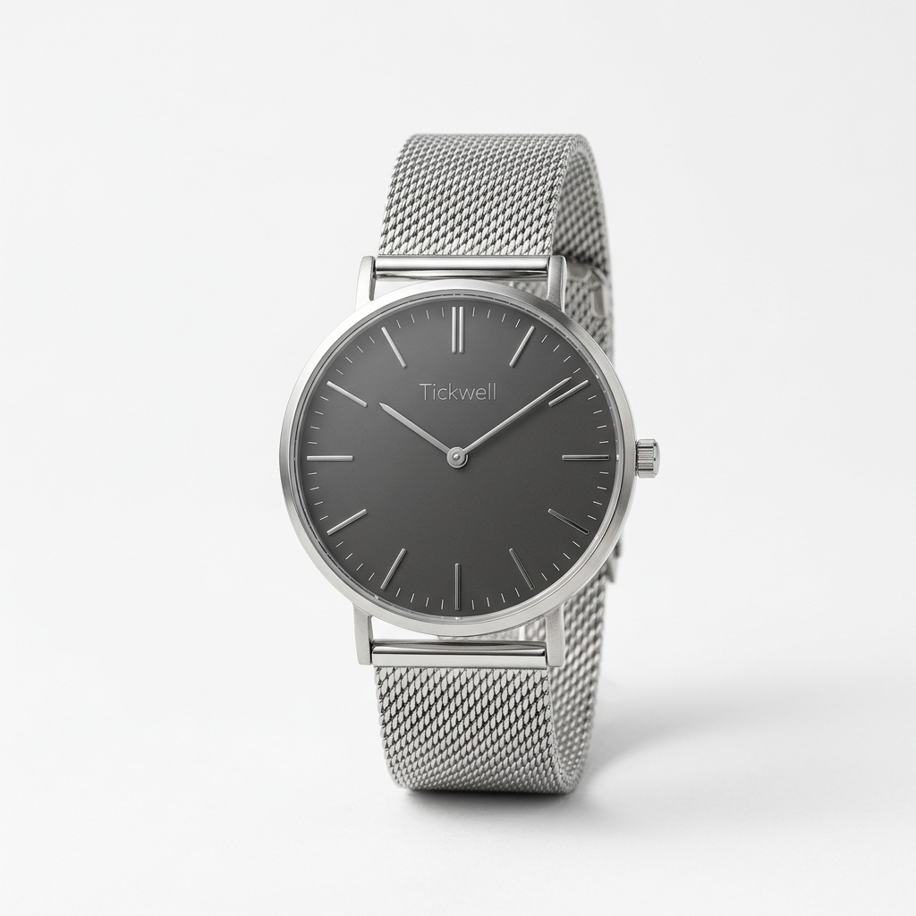 Tickwell Linear watch in Silver with a metal strap on a white background