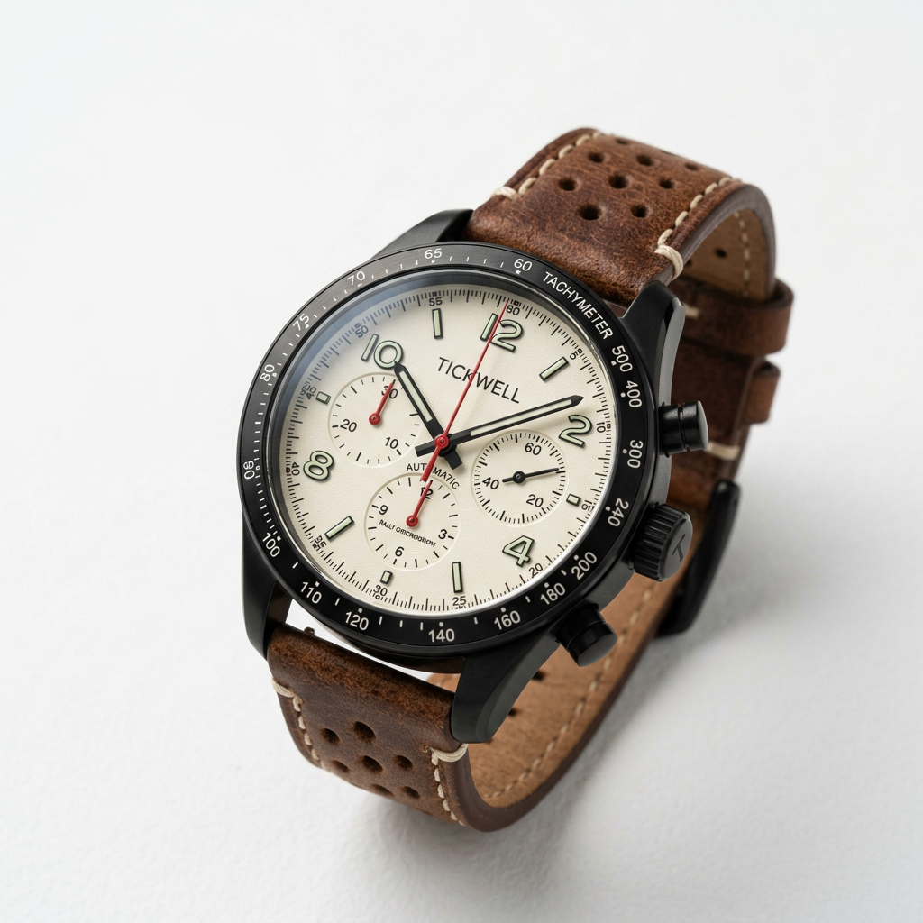 Tickwell Rally watch in Brown with a leather strap on a white background