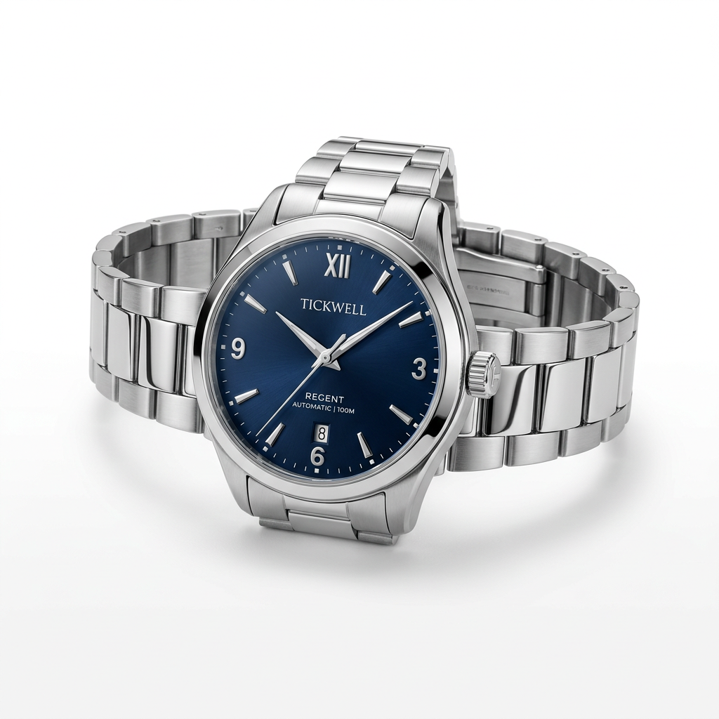Tickwell Regent watch in Silver with a metal strap on a white background