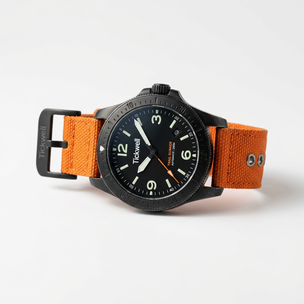 Tickwell Trail Runner watch in Orange with a fabric strap on a white background