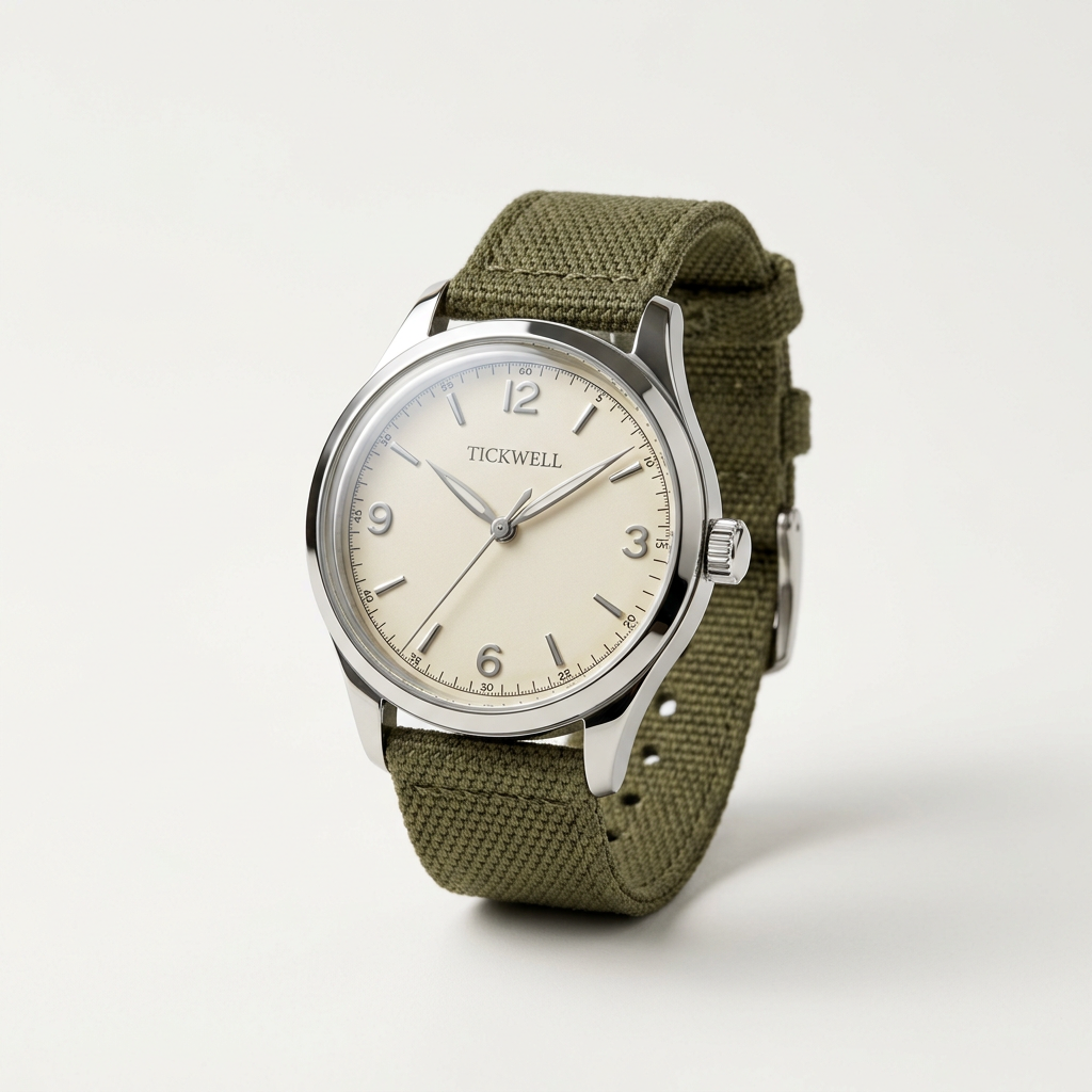 Tickwell Weekender watch in Olive with a fabric strap on a white background