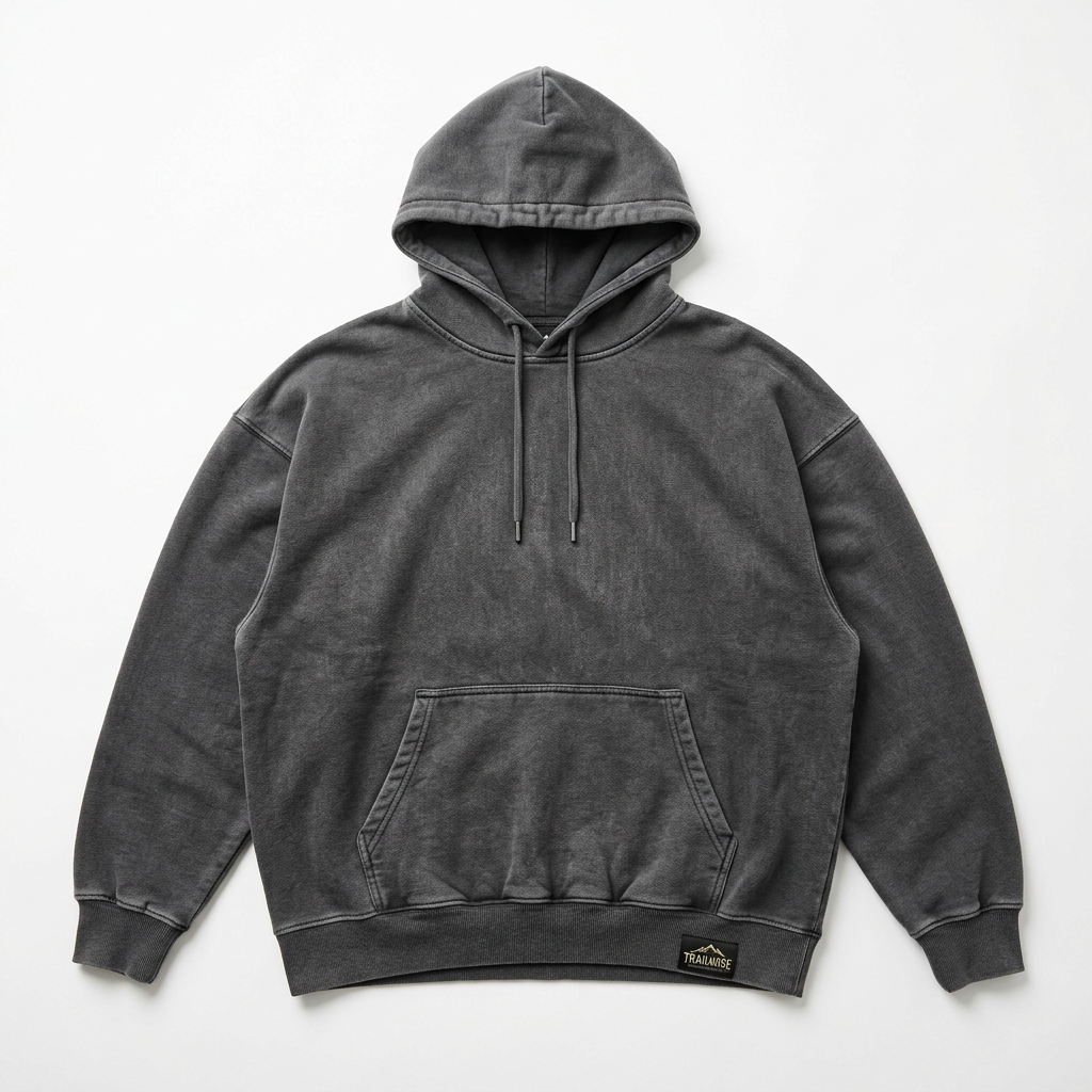 Washed charcoal Trailwise Afterhours hoodie with dropped shoulders and kangaroo pocket on a white background