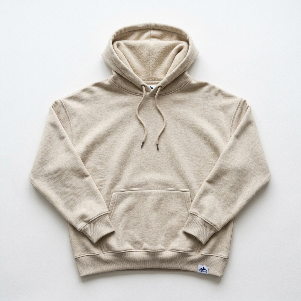 Oatmeal Trailwise Nightfall pullover hoodie showing soft fleece inside the hood on a white background