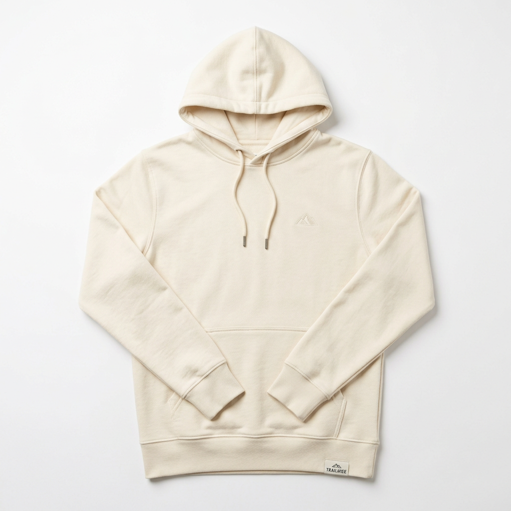 Cream Trailwise Signature hoodie with small tonal mountain embroidery on the chest on a white background